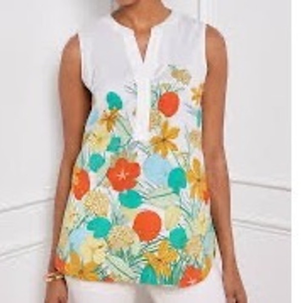 Talbots Plus Non-Iron Tropical Floral Sleeveless Blouse White 1X Summer Tunic dd